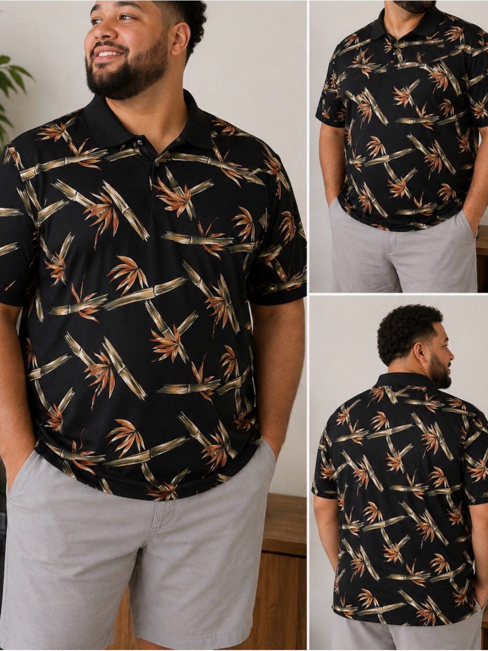 Bamboo Cay Men's Resort Polo Shirt Black Tropical Bamboo Floral Print Sz  XL